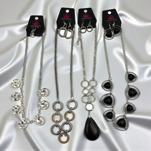 Lot Of 4 Paparazzi Necklaces & Earrings Set With Silver Chains & Various Pendant - Picture 1 of 7